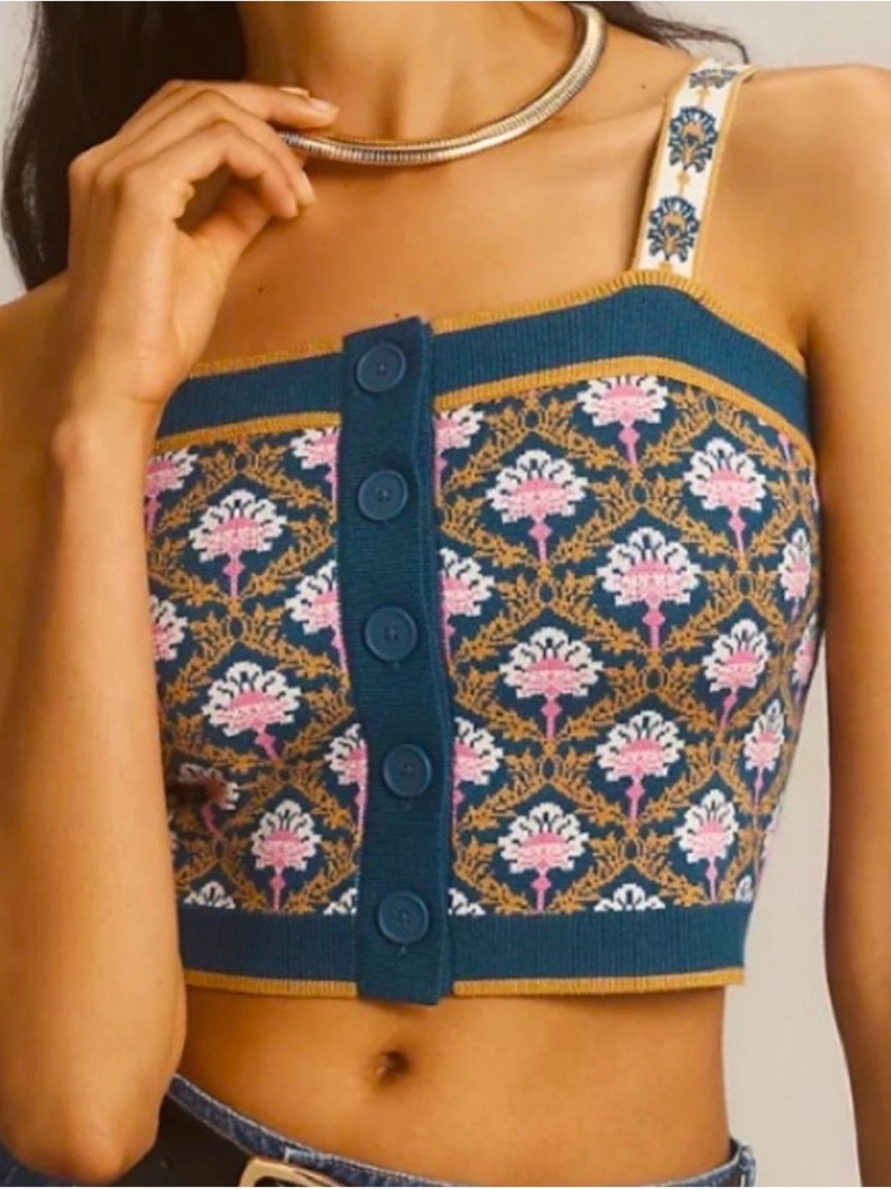 Maeve Teal Floral Knit Crop Top with Pink and Gold Accents